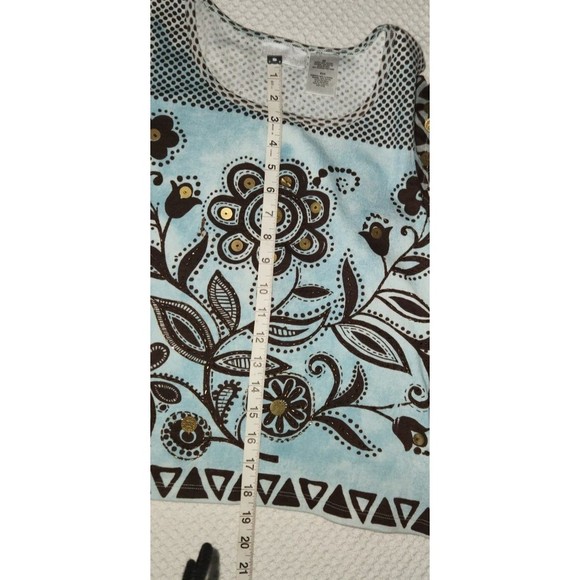 Soft Surroundings Short Sleeve Blue Brown Floral Print Dangling Embellishment XS - Picture 8 of 11